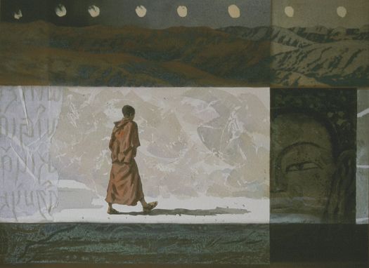 Young Monk #2, etching & watercolor
